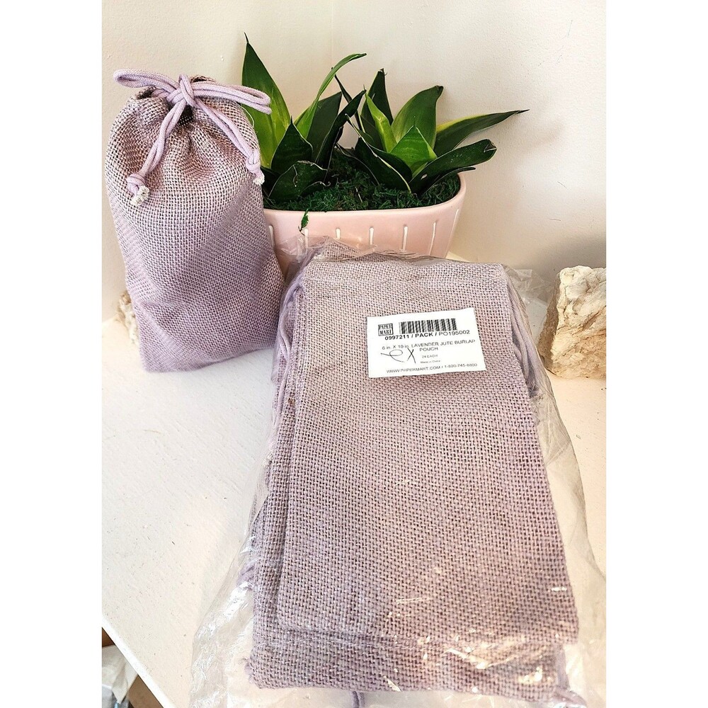 Lavender Jute Burlap Drawstring Bags - 6" by 10" - NEW - 24 pack
